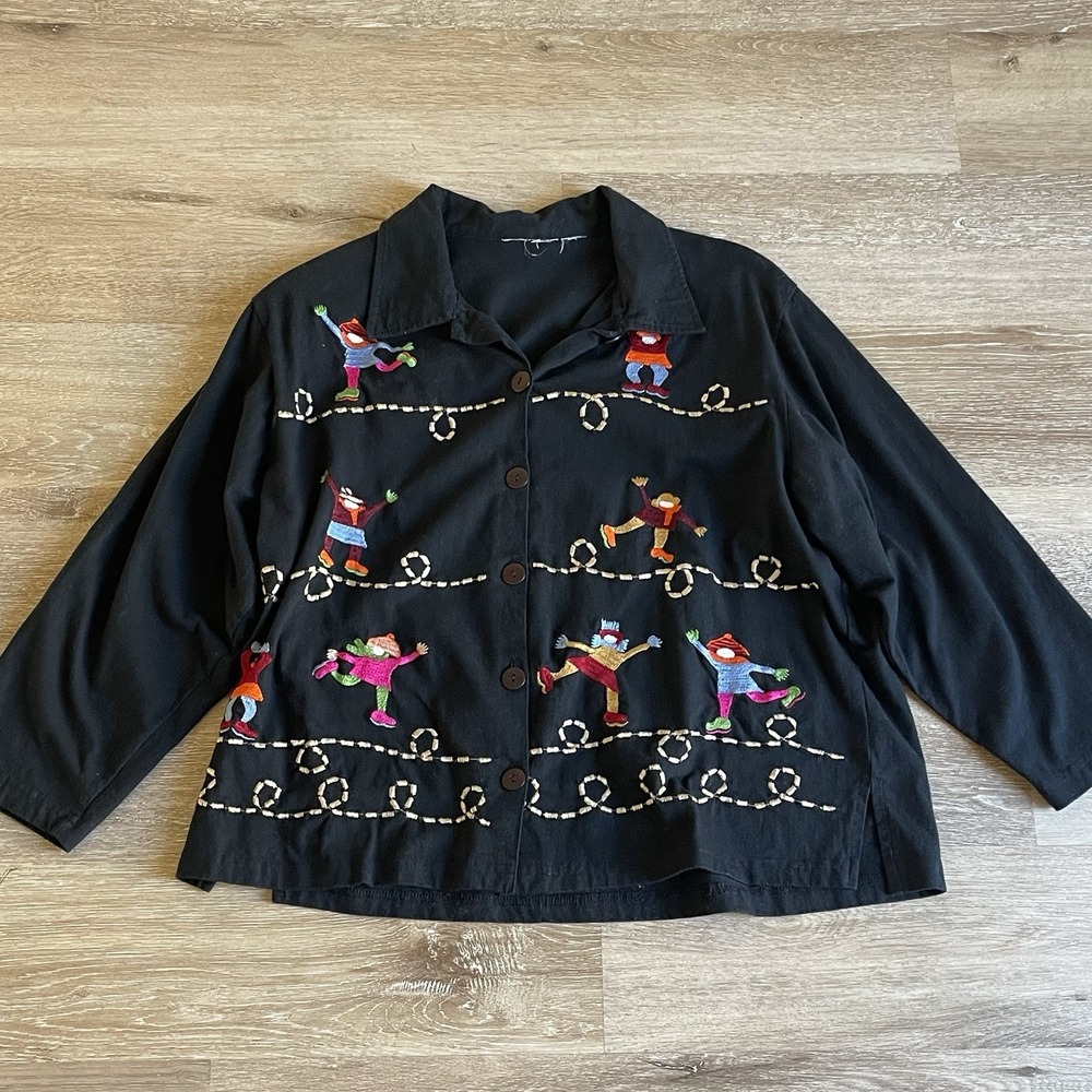 Vintage Michael Simon Lite Cardigan Sweater Figure Ice Skaters Embroidered XL